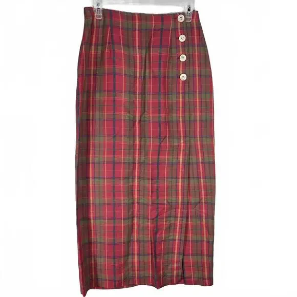 GAP Vintage Plaid Linen Maxi Skirt Red Pink Yellow Button Side Split Size 6 - Picture 1 of 9